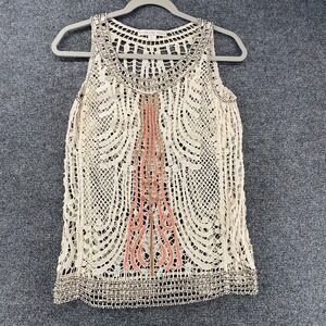Boston Proper Top Womens XS rochet Beaded Layered Gypsy Boho Cottage Western 90s